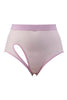 La Fille d'O "Call Me" sheer pink rose high waist brief with front/side cutout and thick waistband. Front view on white background.
