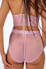 Tulle "Call Me" High waist brief in rose with thick waistband by La Fille d'O. Back view on model with matching top.