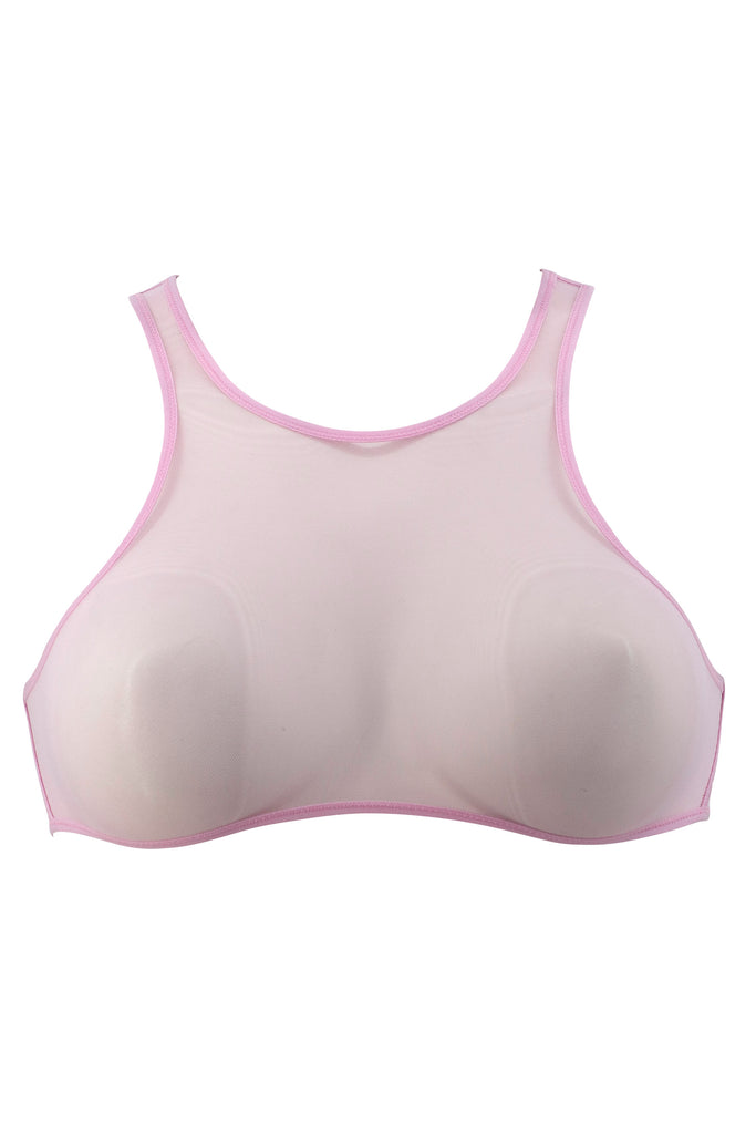Tulle Heroes rose wireless top by La fille d'O has lines similar to a sports bra. Front view on white background.