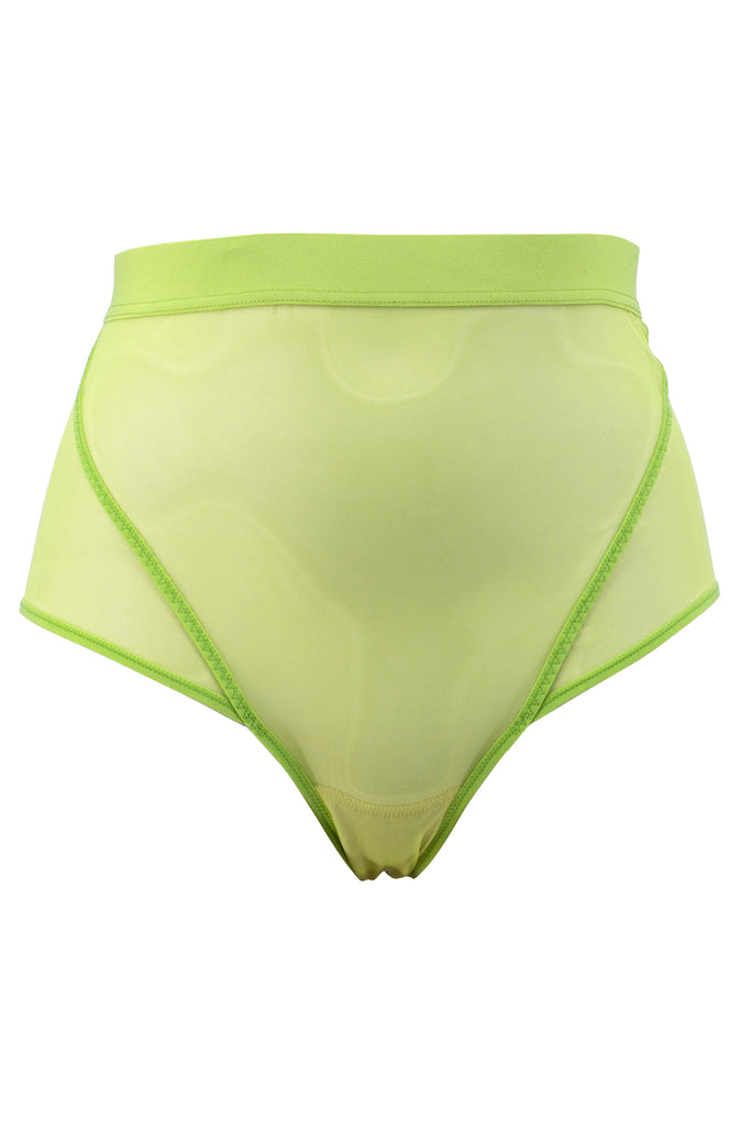 La fille d'O neon green reversible Pompidou high waist brief shown on full coverage side. On white background.
