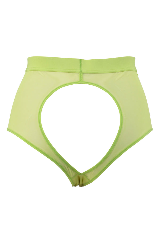 La fille d'O neon green reversible Pompidou high waist brief shown on large opening side. On white background.