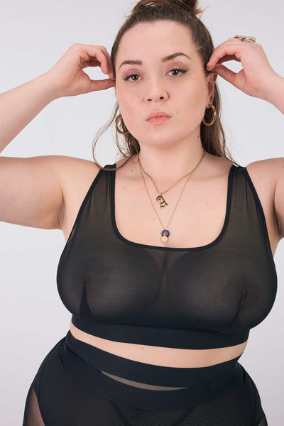 La Fille d'O Real Cool/Ramble On bralette in black, shown on model, front view