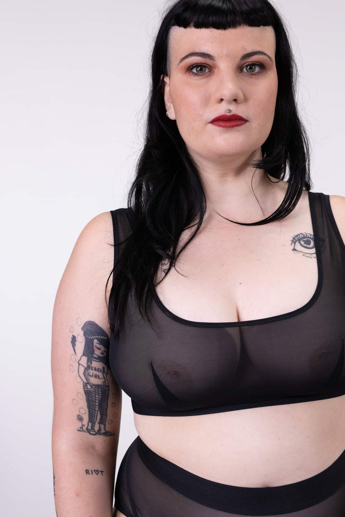 La Fille d'O Real Cool/Ramble On bralette in black, shown on model, front view