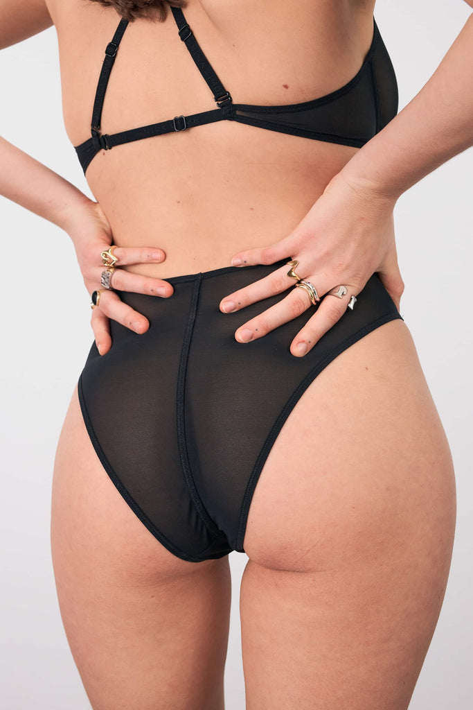 La Fille d'O Savage high waist, high leg semi sheer briefs in black mesh, back view on model
