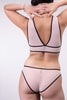 Your Turn low rise basic brief by La Fille d'O in sheer off white mesh and black elastic trim, back view on model