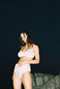 Lonely Misha High Waist Brief in sheer white lace, front view, on model in matching underwire bra