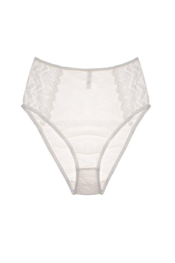 Lonely Misha High Waist Brief in sheer white lace, front view, on plain white background