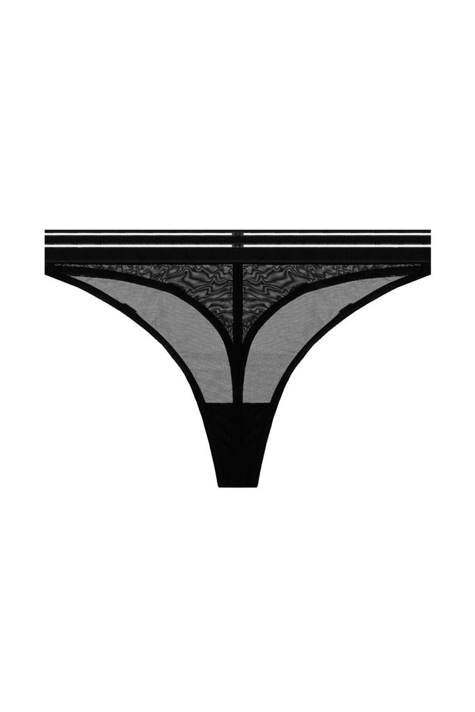 Opaak Anou thong in black sheer mesh, flat front view on plain white background