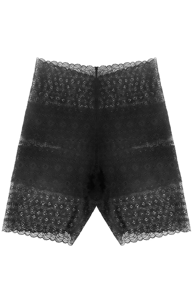 Paloma Casile Anna lace shorts in black, front view against plain white background