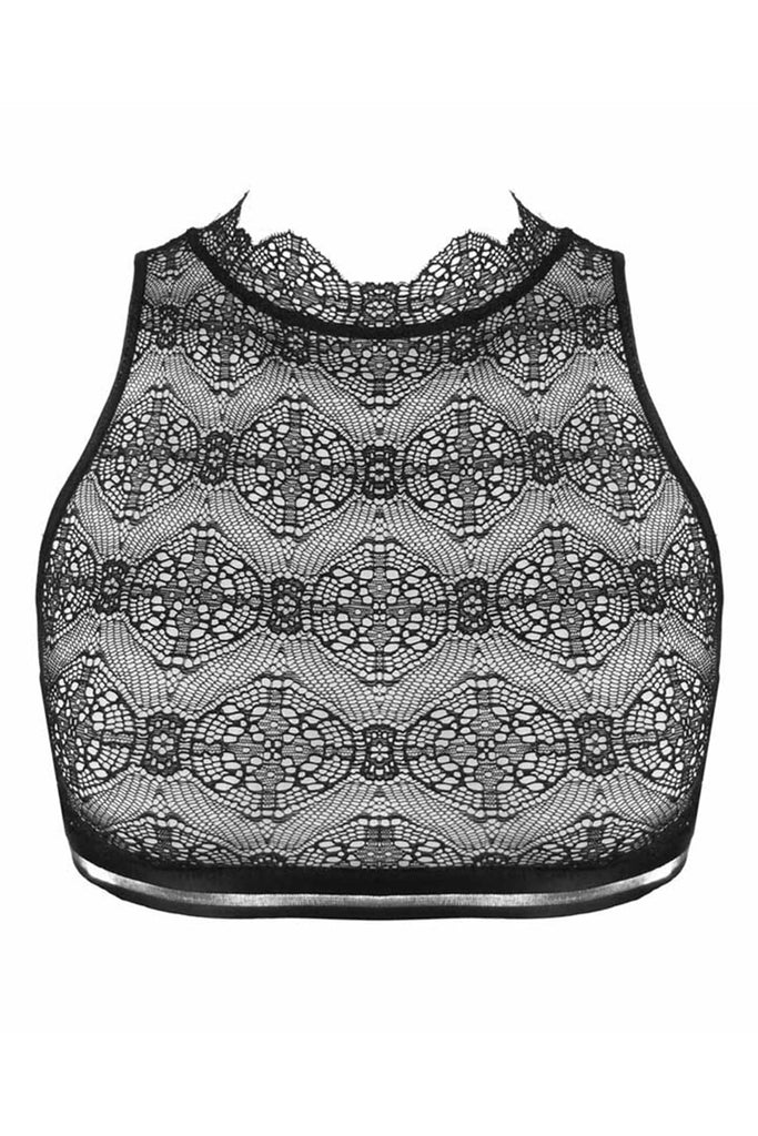 Paloma Casile Billie high neck stretch lace crop top/bralette in black with silver striped elastic underbust band, front view on plain white background