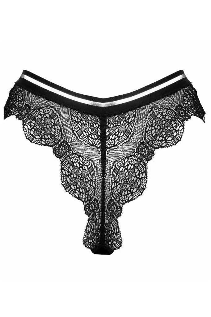 Paloma Casile Billie tanga thong in black stretch lace, with silver striped waistband, back view on plain white background
