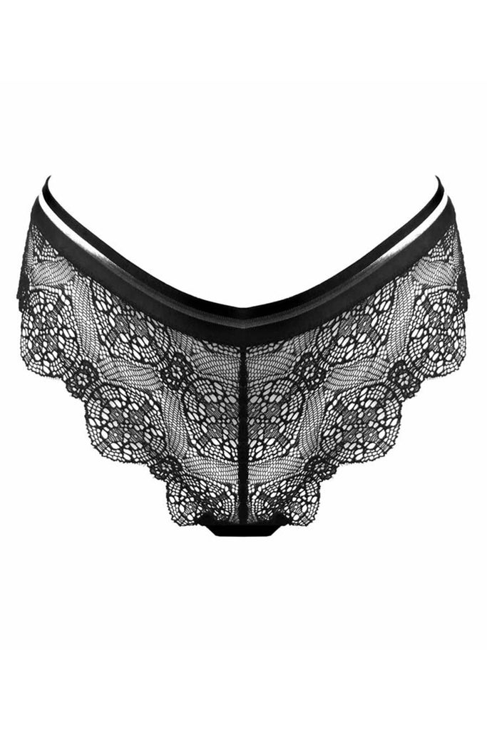 Paloma Casile Billie tanga thong in black stretch lace, with silver striped waistband, front view on plain white background
