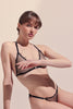 Paloma Casile Louise crotchless brief in lace and satin elastic, front view on model in matching bralette