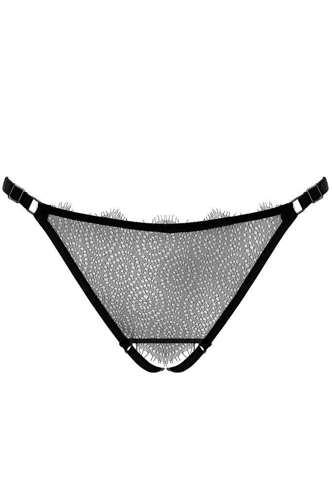 Paloma Casile Louise crotchless brief in lace and satin elastic, front view on plain white background