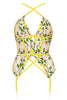 Chartreuse underwire basque with spring floral embroidery and straps that criss cross at the chest and stomach by Studio Pia. Front view on white background.