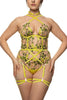 Liana chartreuse strap thong with spring floral embroidery by Studio Pia. Front view on model with matching basque, collar, and garters.