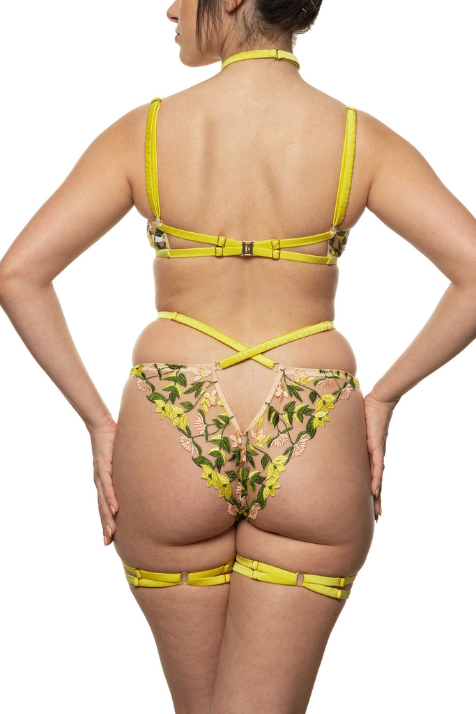 Liana bralette with gold hardware and chartreuse straps that criss cross at the back by Studio Pia. Back view on model with matching waist strap knicker.