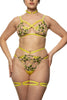 Liana bralette with gold hardware and chartreuse straps that criss cross at the chest by Studio Pia. Soft cups are sheer with spring floral embroidery. Front view on model with matching waist strap knicker.