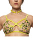 Liana bralette with gold hardware and chartreuse straps that criss cross at the chest by Studio Pia. Soft cups are sheer with spring floral embroidery.Front view on model.