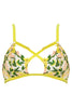 Liana bralette with gold hardware and chartreuse straps that criss cross at the chest by Studio Pia. Soft cups are sheer with spring floral embroidery. Front view on plain background.