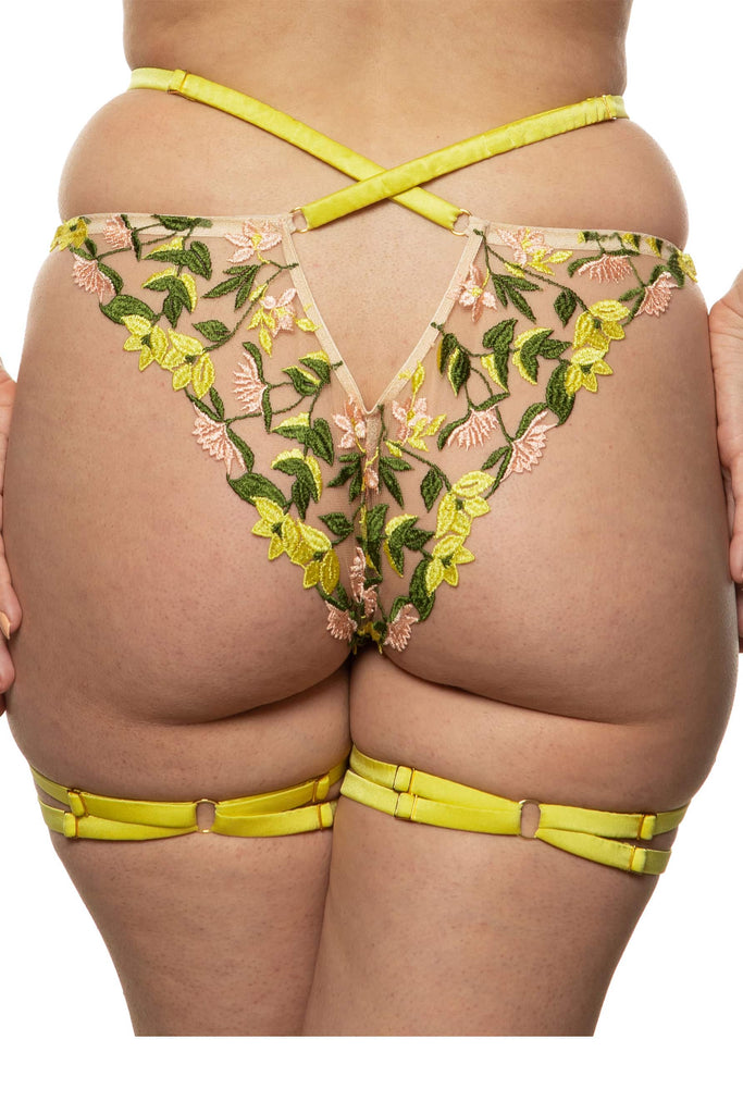 Springy floral embroidered Liana waist strap knicker by Studio Pia with low V and chartreuse straps with gold plated hardware that criss cross at the low back. Back view on model.