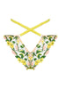 Floral embroidered Liana waist strap knicker by Studio Pia with peek-a-boo V and chartreuse straps with gold plated hardware that criss cross at the lower back. Back view on white background..