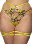 Floral embroidered Liana waist strap knicker by Studio Pia with chartreuse straps and gold plated hardware. Front view on model with matching garters.