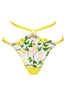 Floral embroidered Liana waist strap knicker by Studio Pia with chartreuse straps and gold plated hardware. Front view on white background.