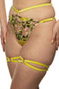 Liana floral embroidered waist spring colored strap knicker by Studio Pia with chartreuse straps and gold plated hardware. Front/side view on model.