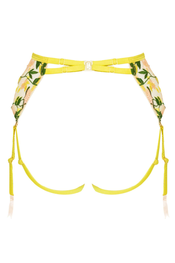 Chartreuse Liana harness suspender with floral embroidery and gold plated hardware by Studio Pia. Back view on white background.