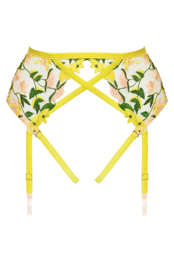 Yellow green Liana harness suspender with floral embroidery and gold plated hardware by Studio Pia. Front view on white background.