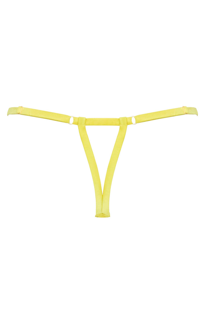 Light yellow green strap thong with gold plated hardware by Studio Pia. Back view on white background.