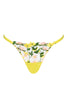 Chartreuse strap thong with floral embroidery by Studio Pia. Front view on white background.