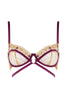 Studio Pia Matilda underwire balconette bra with golden jewel embroidery and rich mulberry pink/purple silk trim, front view on plain white background