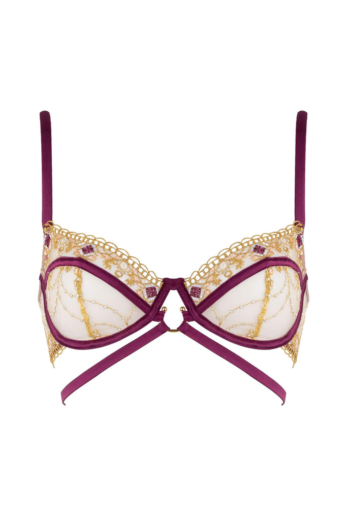 Studio Pia Matilda underwire balconette bra with golden jewel embroidery and rich mulberry pink/purple silk trim, front view on plain white background
