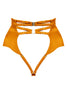 Amber orange high waist thong by Studio Pia. Back view on white background reveals gold-plated hardware on the double clasp and adjustable straps at the thong..