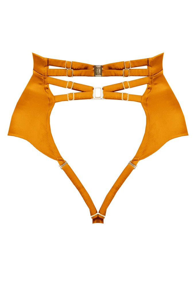 Amber orange high waist thong by Studio Pia. Back view on white background reveals gold-plated hardware on the double clasp and adjustable straps at the thong..