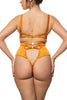 Studio Pia amber orange high waist thong with gold-plated double clasp at the top and an open back. Back view on model with matching bra.