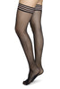 Swedish Stockings Mira stay up stockings in black, with striped banding around thighs, shown on model, side view,