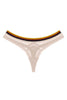 The Underargument sheer ivory mesh and striped elastic "Settling is not boring" thong, flat view on plain white background
