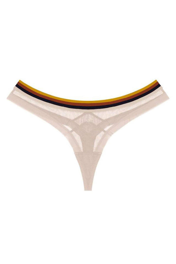 The Underargument sheer ivory mesh and striped elastic "Settling is not boring" thong, flat view on plain white background