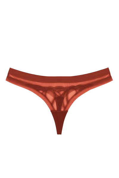 The Underargument Made in Kindness Low Rise Thong in Sienna/terra cotta red mesh with lace applique, shown flat on plain white background
