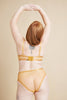 You Are Important plunge bra by The Underargument, shown on model, back view, showing the yellow-orange mustard sheer mesh band panels and wide elastic strap trim on shoulders and band. Hook and eye closure at back. Shown with matching briefs.