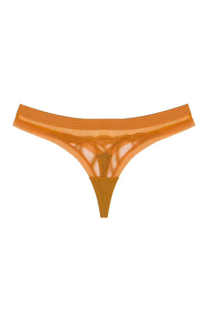 The Silver Lining Thong by The Underargument in mustard yellow sheer mesh and swirling embroidery, front view on plain white background