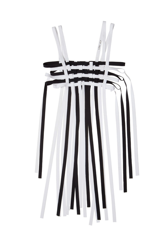 Ruban Noir black and white fringe bra top, shown flat on plain white background