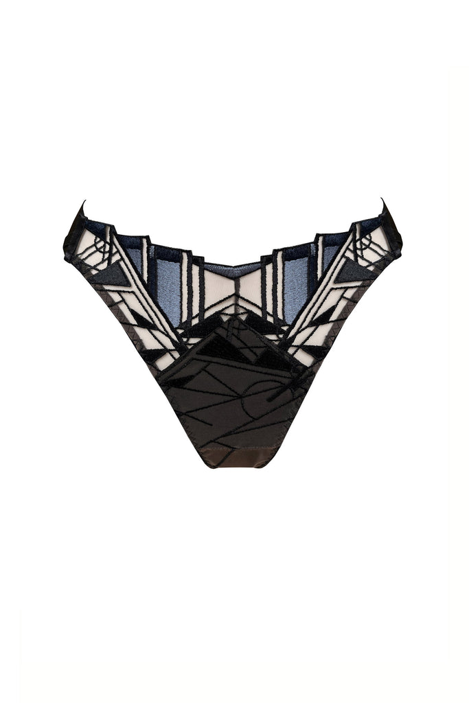 Bordelle Cubism open back brief in black, navy, and icy blue. Front view on plain white background showing geometric art deco lace and lined front.