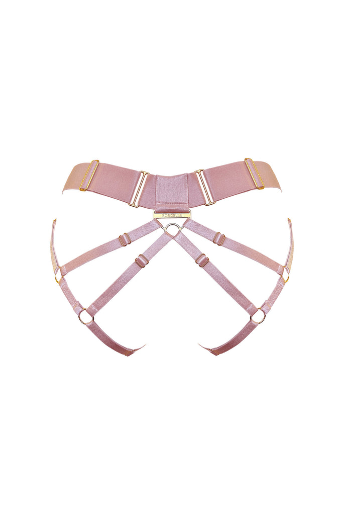 Bordelle Cubism open back brief in light pink rose, back view on plain white background showing adjustable wide elastic hip strap, narrow elastic back and bottom straps, and triangle branded hardware at center. 