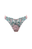 Bordelle Cubism open back brief, front view shown on plain whit background, showing art deco geometric embroidery in light pink rose and teal blue. Partially lined front. 