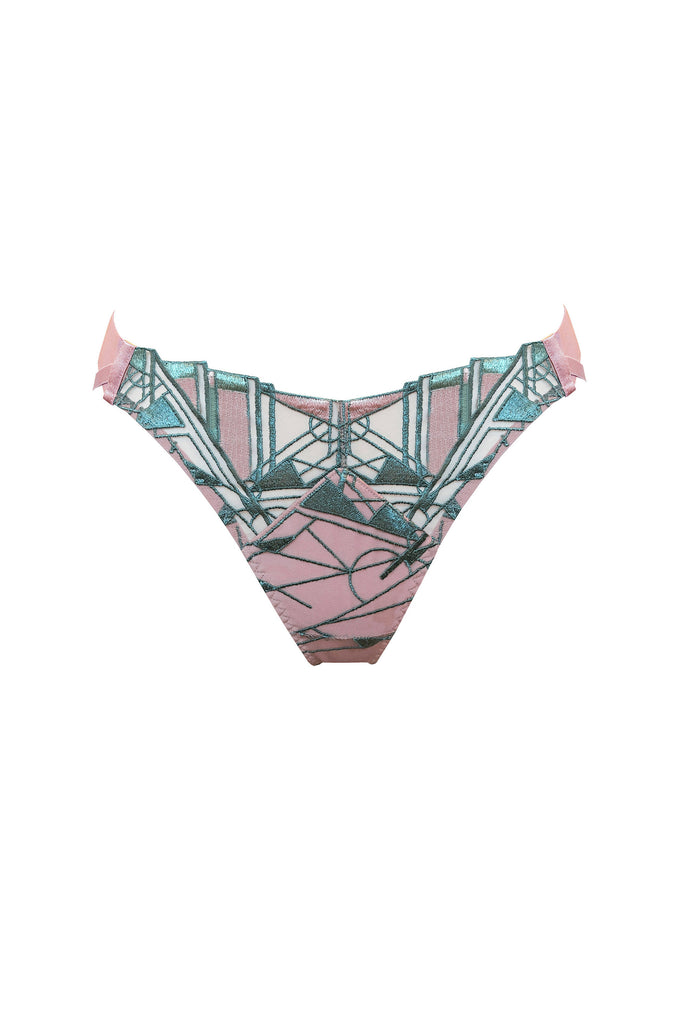 Bordelle Cubism open back brief, front view shown on plain whit background, showing art deco geometric embroidery in light pink rose and teal blue. Partially lined front. 