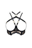 Bordelle Cubism open cup underwire bra with harness detail. Front view on plain white background showing black elastic straps and black and blue art deco geometric embroidery. 